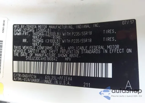 2017 Toyota Sienna Le 7 Passenger z USA, uszkodzony, nr VIN 5TDJZ3DC4HS180642